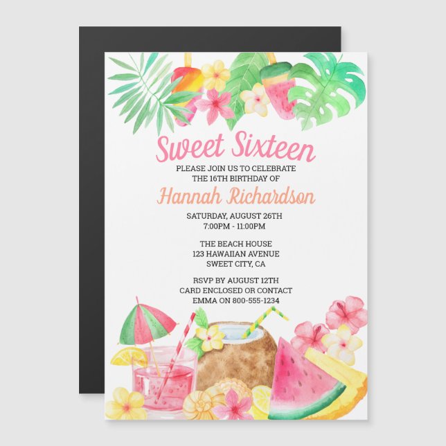 Sweet 16 Tropical Birthday Party Hawaiian Theme Magnetic Invitation (Front/Back)