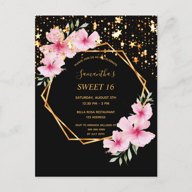 Sweet 16 tropical geometric black stars invitation postcard (Front)