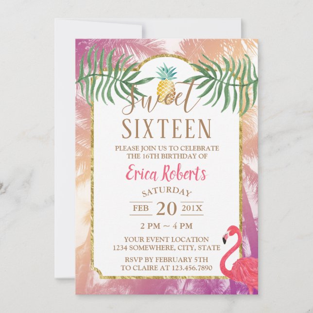 Sweet 16 Tropical Pineapple & Palm Trees Birthday Invitation (Front)