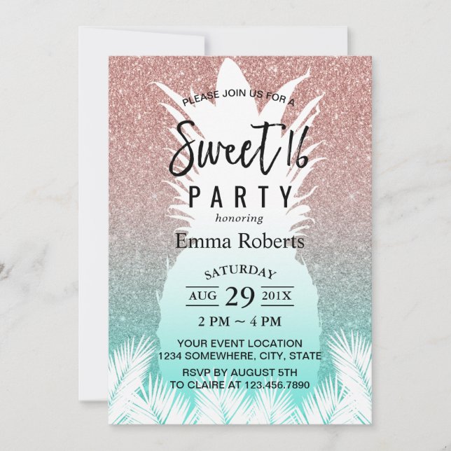 Sweet 16 Tropical Pineapple Rose Gold Glitter Invitation (Front)