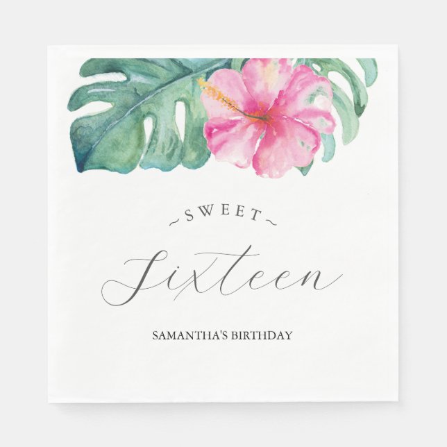 Sweet 16 Tropical Theme Birthday Watercolor Napkin (Front)