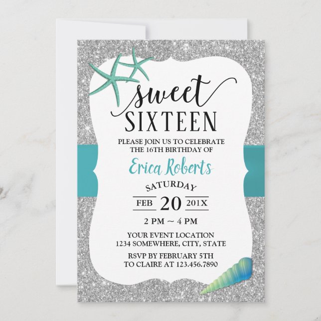 Sweet 16 Turquoise Beach Starfish Modern Silver Invitation (Front)