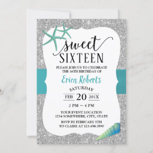 Sweet 16 Turquoise Beach Starfish Modern Silver Invitation