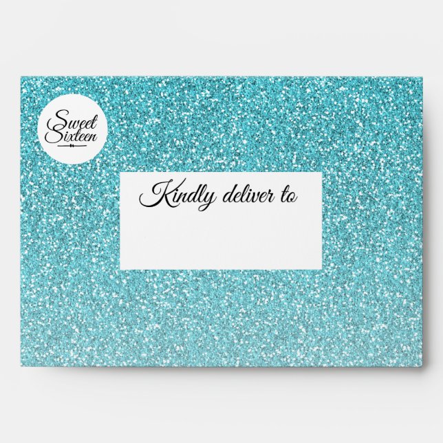 Sweet 16 Turquoise Blue glitter Ombre Envelope (Front)