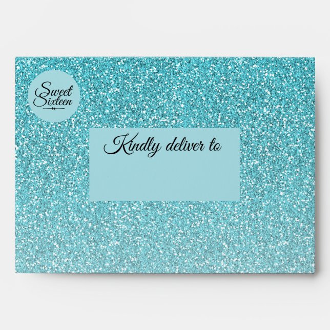 Sweet 16 Turquoise Blue glitter Ombre Envelope (Front)