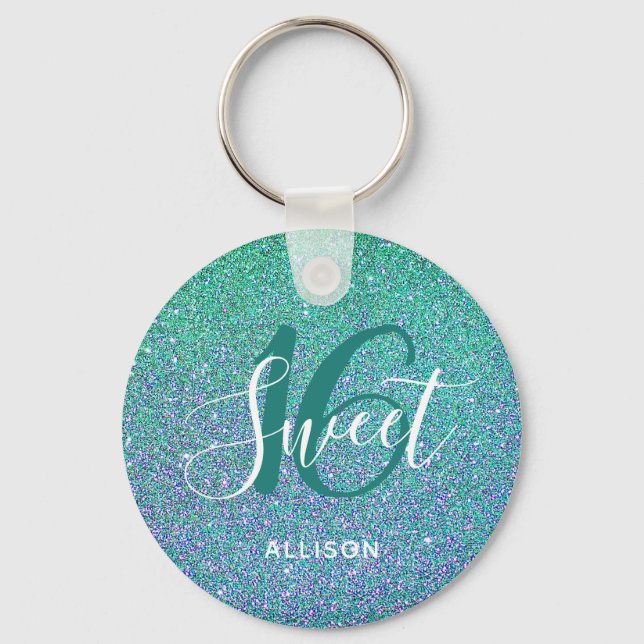 Sweet 16 Turquoise Blue Glitter Personalised Key Ring (Front)