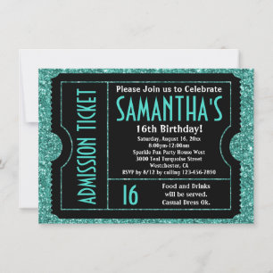 Sweet 16 Turquoise Blue Sparkle Ticket Invitation