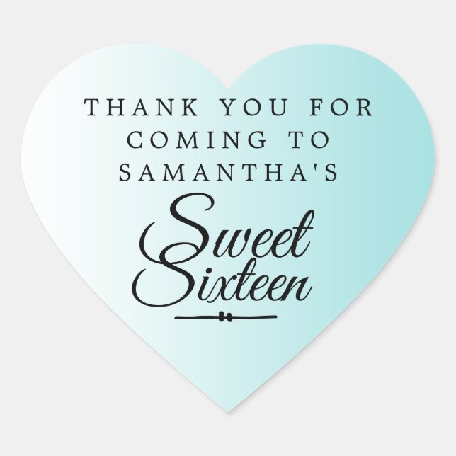 Sweet 16 Turquoise Blue Thank You Custom Name Heart Sticker (Front)