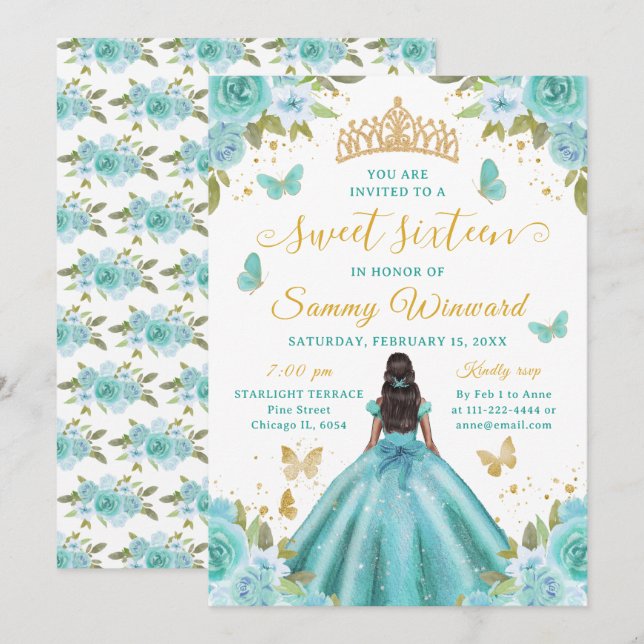 Sweet 16 Turquoise Princess African American Girl Invitation (Front/Back)