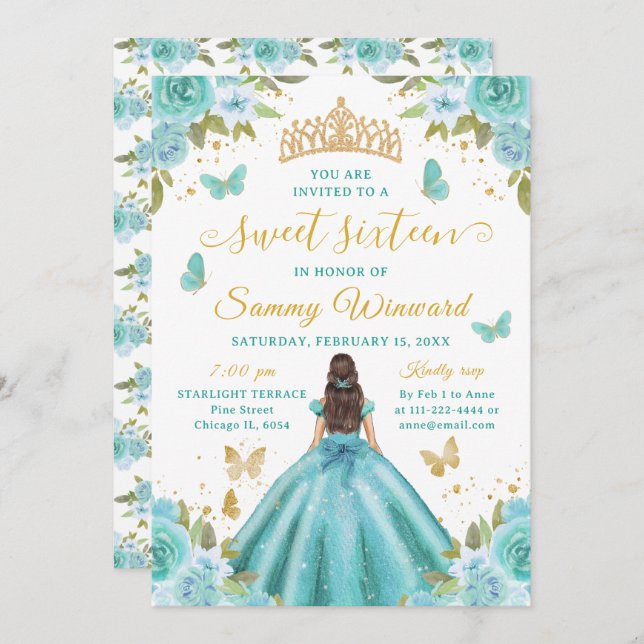 Sweet 16 Turquoise Princess Brunette Girl Invitation (Front/Back)