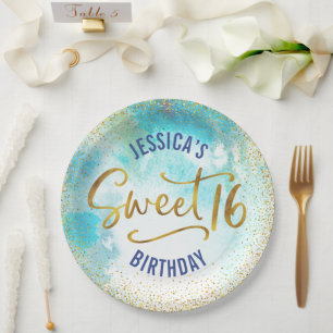 Sweet 16 Turquoise Watercolor Gold Girly Birthday Paper Plate