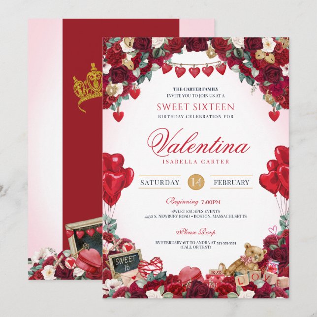 Sweet 16 Valentine's Birthday Party Invitation (Front/Back)