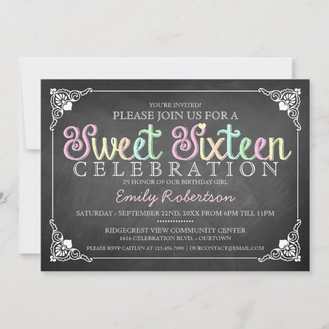 Sweet 16 Vintage Chalkboard Party Invitation (Front)