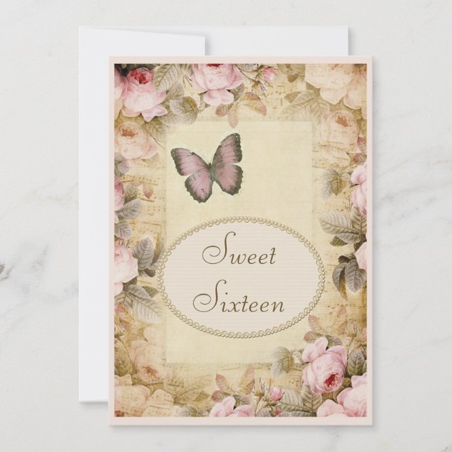 Sweet 16 Vintage Roses Butterfly & Music Notes Invitation (Front)