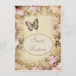 Sweet 16 Vintage Roses Butterfly & Music Notes Invitation