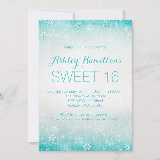 Sweet 16 Vintage Teal Winter Wonderland Invitation (Front)