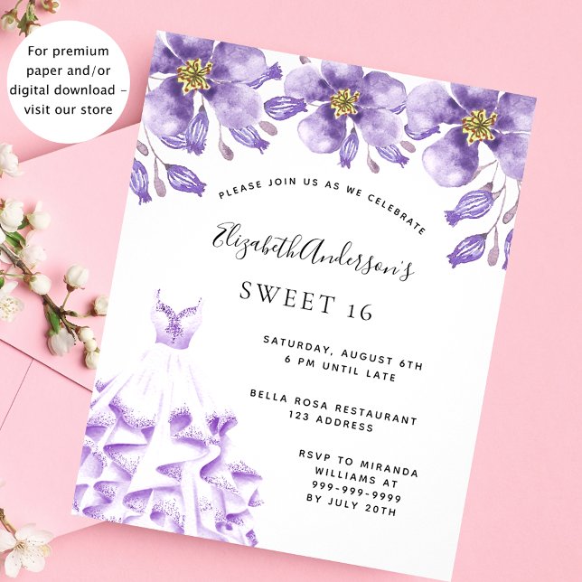 Sweet 16 violet dress floral budget invitation (Creator Uploaded)