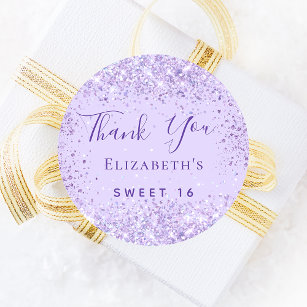 Sweet 16 violet glitter name thank you  classic round sticker