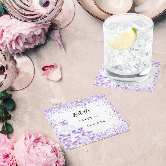 Sweet 16 violet white dress square paper coaster (Creator Uploaded)