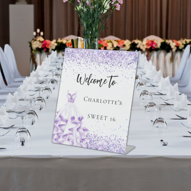 Sweet 16 violet white dress welcome party pedestal sign (Creator Uploaded)