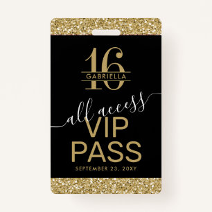 Sweet 16 VIP Access Pass Black and Gold Invitation ID Badge