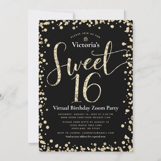 Sweet 16 Virtual Girly Black Gold Glitter Birthday Invitation (Front)