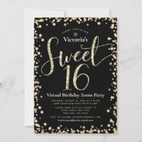 Sweet 16 Virtual Girly Black Gold Glitter Birthday