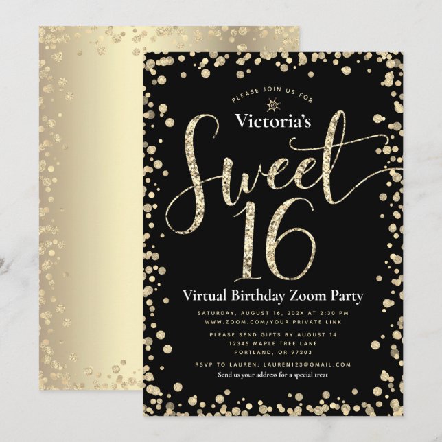 Sweet 16 Virtual Girly Gold Black Glitter Birthday Invitation (Front/Back)