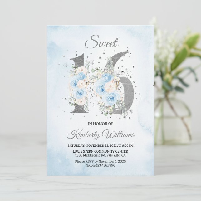Sweet 16 Watercolor Baby Blue Theme Invitation (Standing Front)