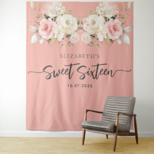 Sweet 16 Watercolor Floral Birthday Backdrop Tapestry