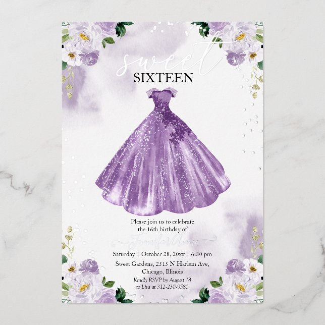 Sweet 16 Watercolor Flowers Dress Purple Silver (Front)