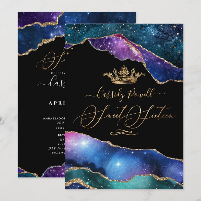 Sweet 16, Watercolor Galaxy Agate Faux Gold  Invitation (Front/Back)