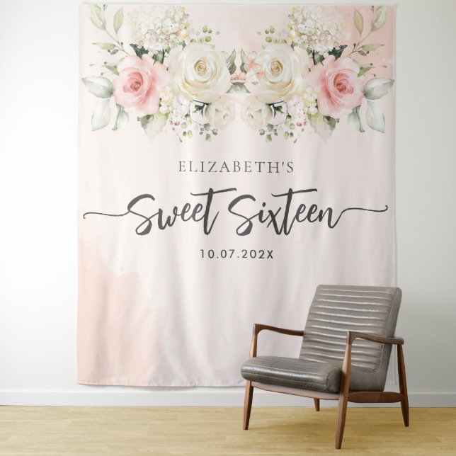 Sweet 16 Watercolor Pink Floral Birthday Backdrop Tapestry (In Situ)