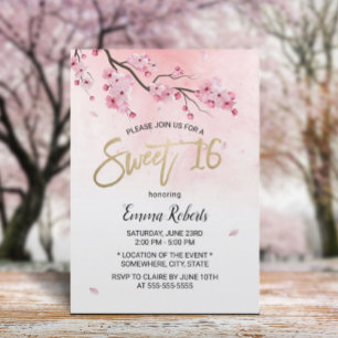 Sweet 16 Watercolor Pink Floral Cherry Blossom Invitation