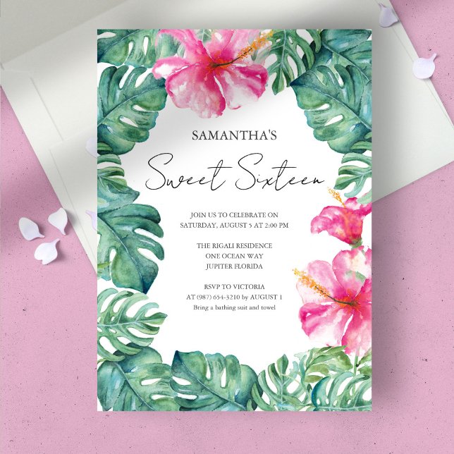 Sweet 16 Watercolor Pink Floral Tropical Invitation (birthday party sweet 16 tropical luau vibrant pink florals green monstera palm leaves)