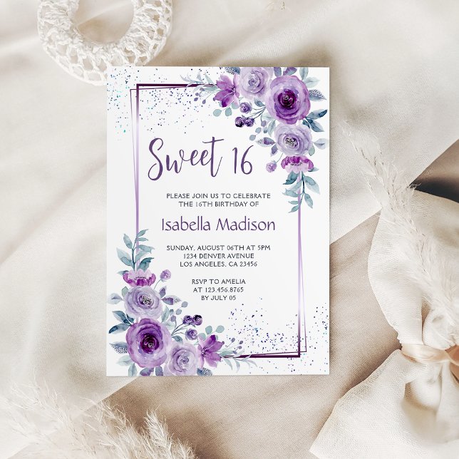 Sweet 16 Watercolor Rose Purple Frame Floral  Invitation (Sweet 16 Watercolor Rose Purple Frame Floral Invitation
)