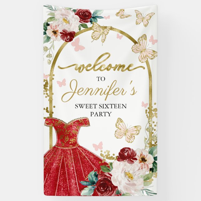 Sweet 16 Welcome Sign Butterfly Floral Dress (Vertical)