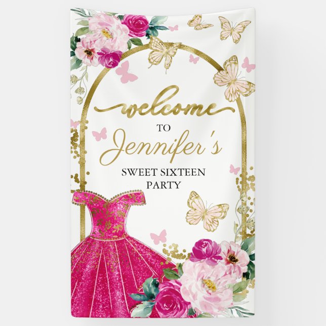 Sweet 16 Welcome Sign Butterfly Floral Dress (Vertical)