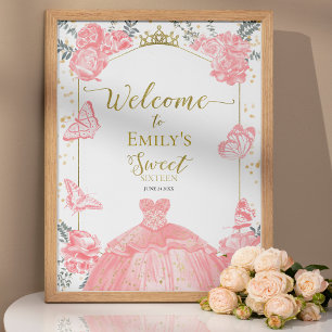 Sweet 16 Welcome Sign Butterfly Pink Dress Floral