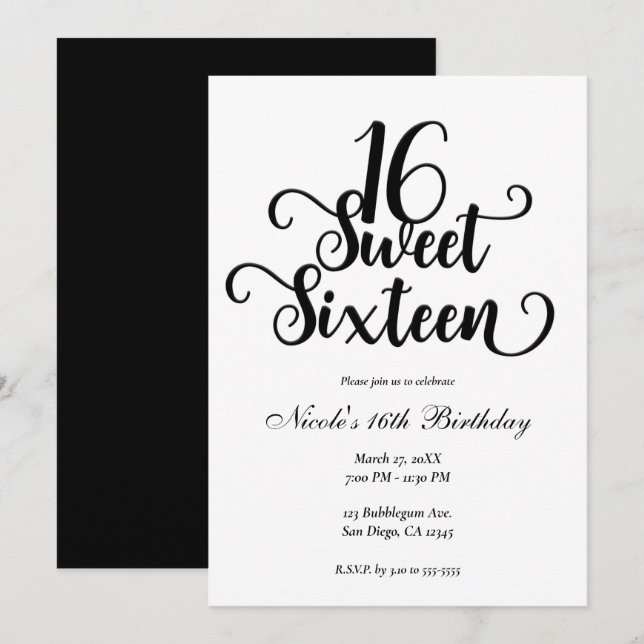 Sweet 16 White & Black Birthday Party   Invitation (Front/Back)