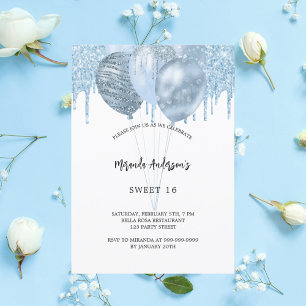 Sweet 16 white blue balloons glitter drips invitation