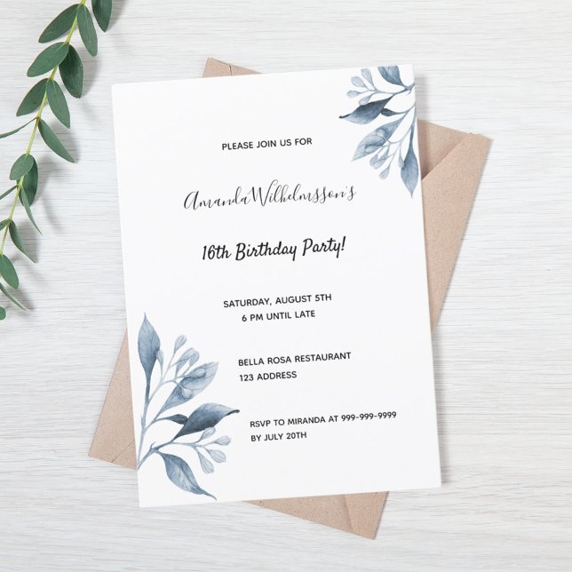 Sweet 16 white blue florals botanical invitation (Creator Uploaded)