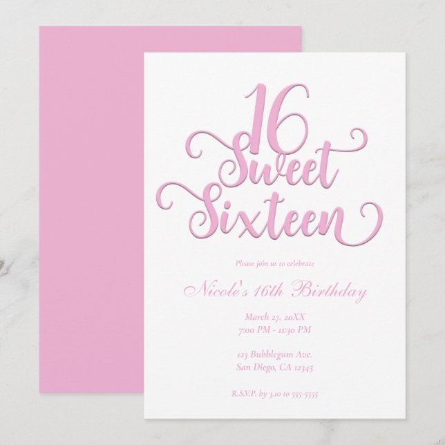 Sweet 16 White & Bubblegum Pink Type Birthday  Invitation (Front/Back)