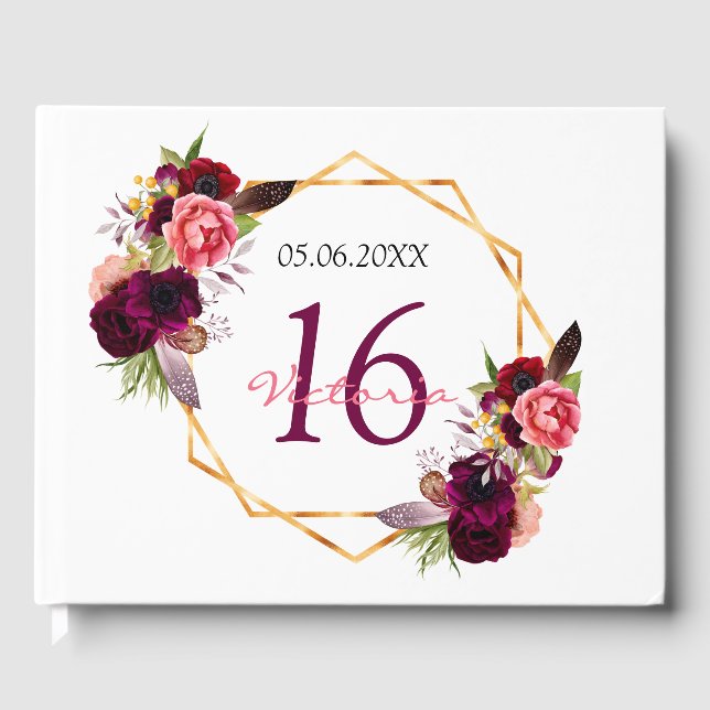 Sweet 16 white burgundy floral geometric guest book (Front)