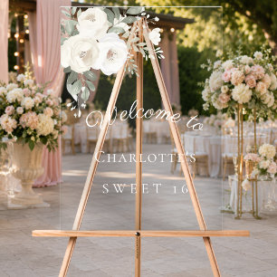 Sweet 16 white florals clear party welcome acrylic sign