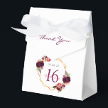 Sweet 16 white geometric floral favour box<br><div class="desc">Elegant and glamourous for a 16th birthday party. On front flap: burgundy letters and the text: Thank You. Front and back: A chic white background with a faux gold geometric frame. Decorated with dark purple and burgundy flowers, roses and boho style feathers. The name is written with pink hand lettered...</div>
