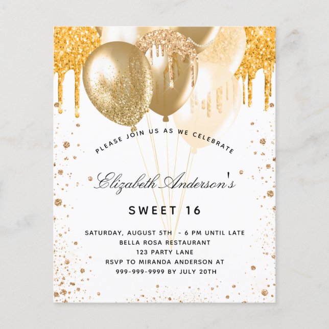 Sweet 16 white gold balloons budget invitation flyer (Front)