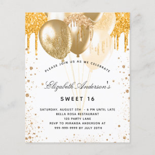 Sweet 16 white gold balloons budget invitation flyer