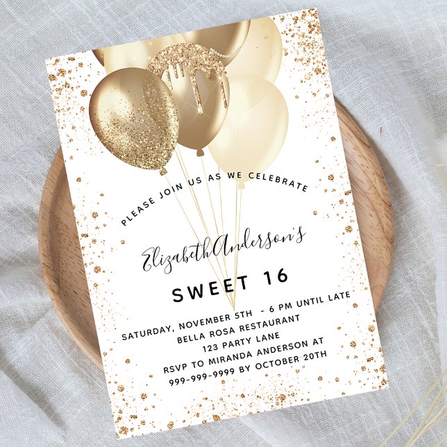 Sweet 16 white gold glitter balloons invitation (Creator Uploaded)