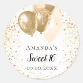 Sweet 16 white gold glitter balloons name classic round sticker (Front)